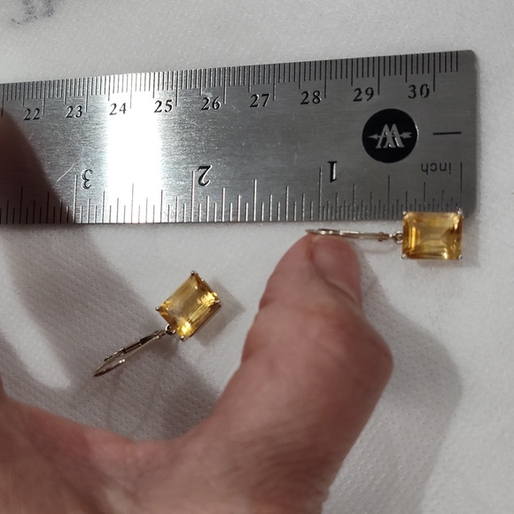 14k White Gold Emerald Cut Citrine Leverback Earrings - Picture 12 of 15